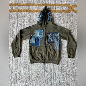 Custom distressed olive denim jacket